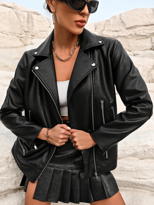 Galánie - Leren Jas Dames Biker Model met Ritszakken en Drukknopen