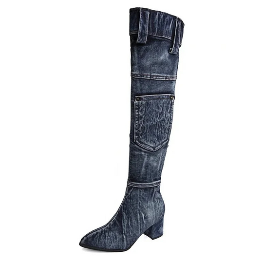 Moda Overknee Spijkerlaarzen met Puntige Neus - Trendy Dames Laarzen