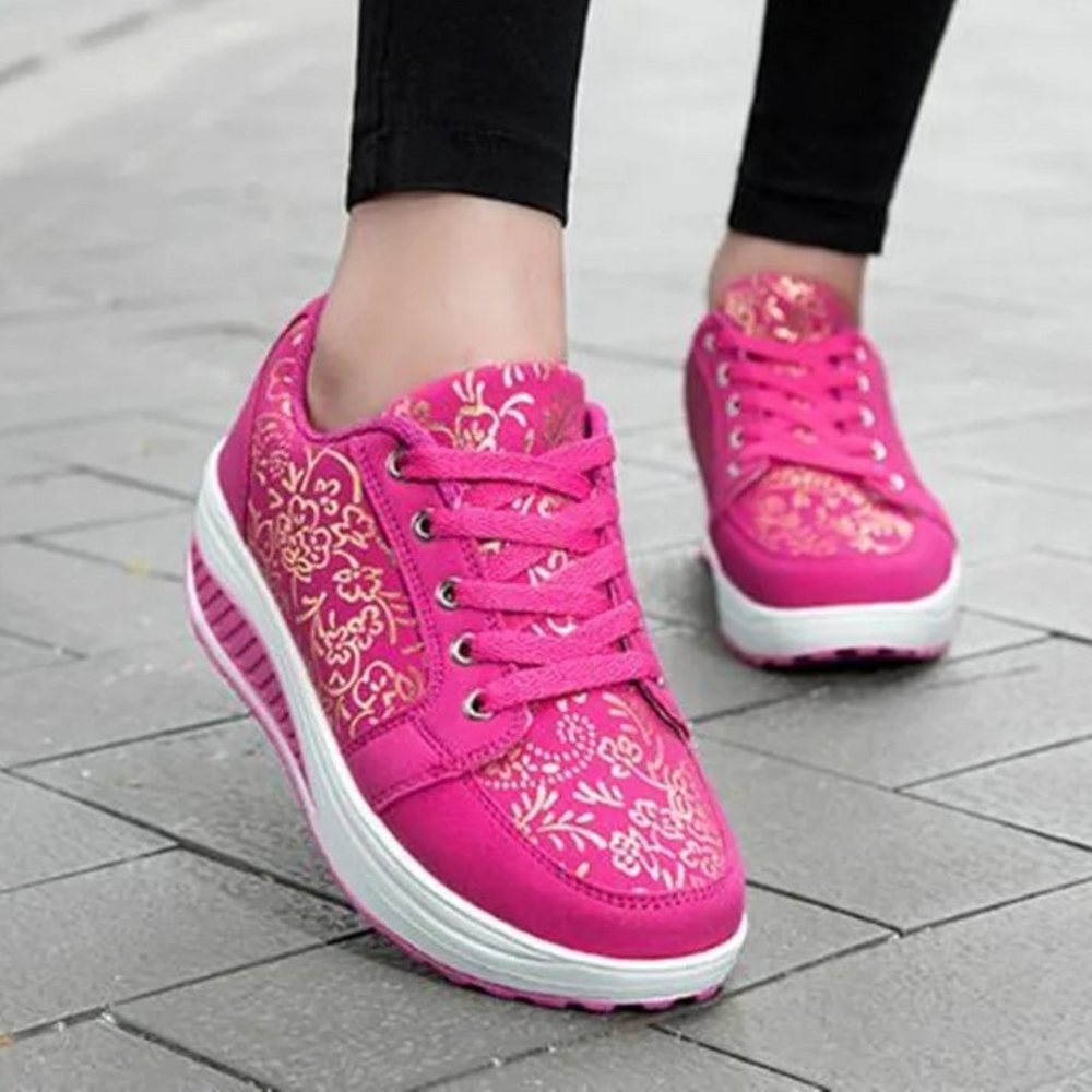 MODA Zwart Lederen Orthopedische Dames Sneakers met Bloemenprint