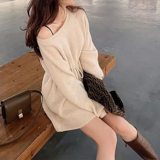 Modewef - Off-Shoulder Sweaterjurk met Trekkoord Taille, Gebreide Dames Jurks