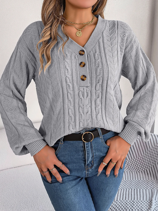Moda Kabeltrui Dames - V-Hals, Knopen Detail, Lange Mouwen