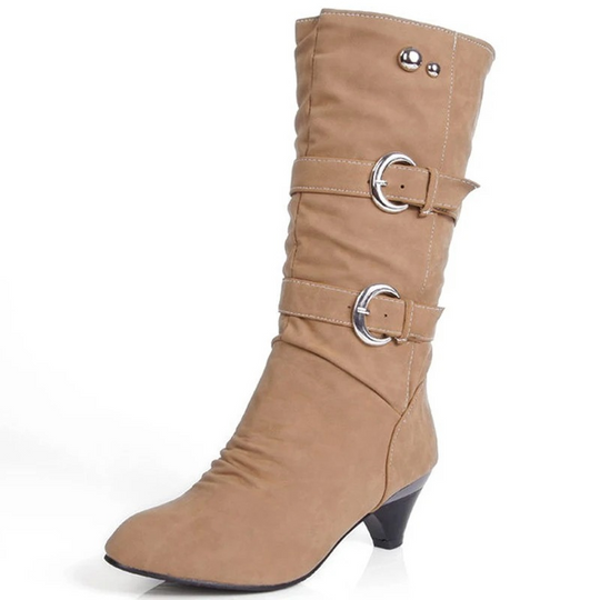 Moda Dames Kniehoge Laarzen met Gesp en Middelhoge Hak – Elegante Hoge Laarzen