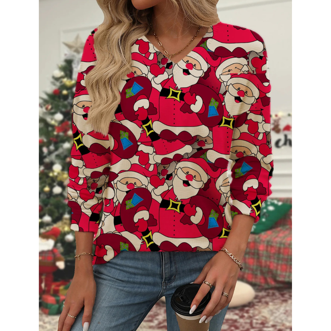 Fijntrt - Kersttrui met Kerstman en Kerstboom Print – Feestelijke Feestdagen Trui