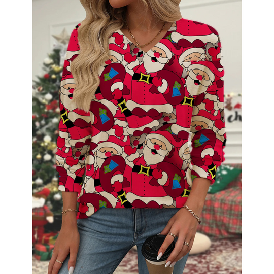 Fijntrt - Kersttrui met Kerstman en Kerstboom Print – Feestelijke Feestdagen Trui