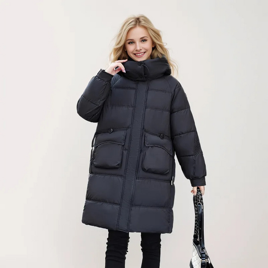 Moda Lange Winterjas Dames - Warme Jas Met Hoge Kraag En Grote Zakken