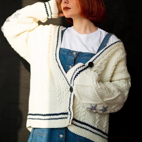 Moda Gebreid Vest Dames met Sterrenborduursel en Knopen