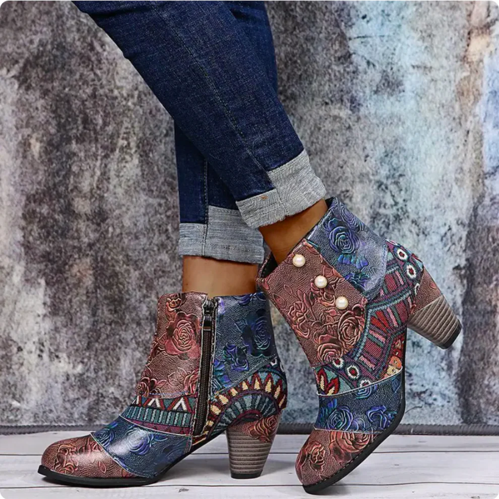 Glamira - Dames enkellaarzen met bloemenprint en decoratieve knopen