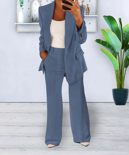 Mavonne - Dames Tweedelige Blazer en Wijde Broek Set, Getailleerde Pasvorm, Formele Kleding