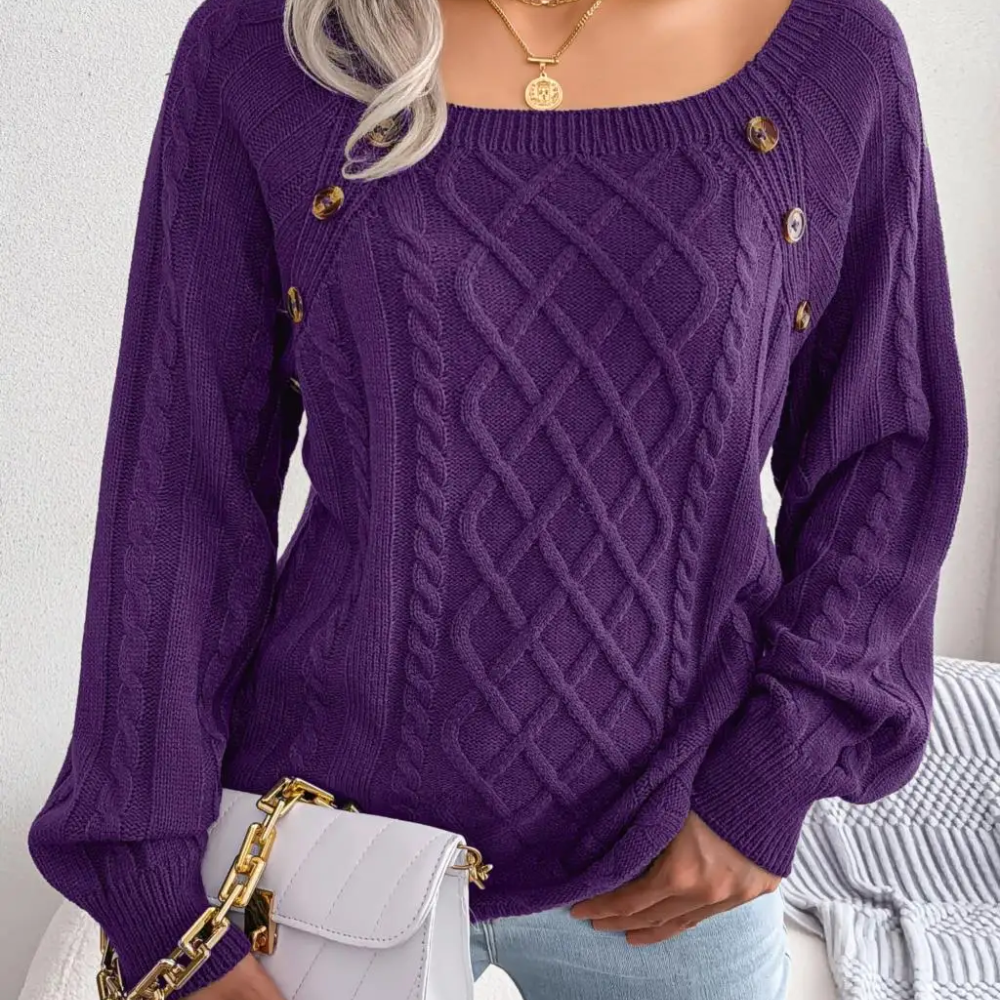 Moda Kabeltrui Dames - Knopen Detail, Losse Pasvorm, Lange Mouwen