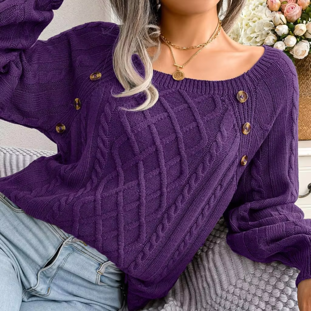 Moda Kabeltrui Dames - Knopen Detail, Losse Pasvorm, Lange Mouwen