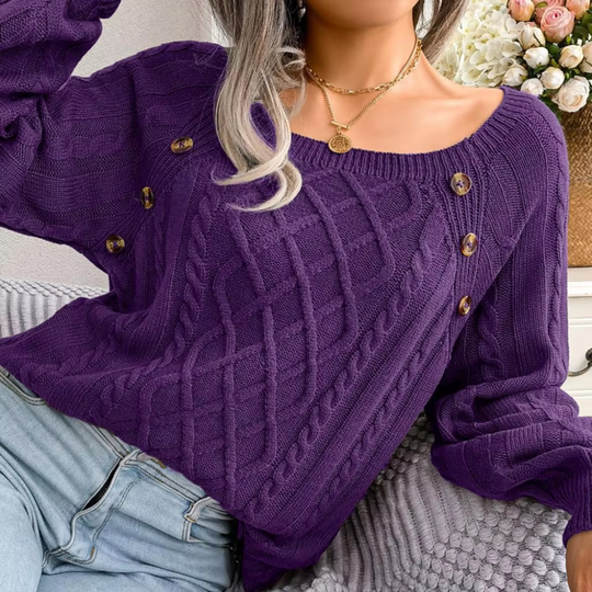 Moda Kabeltrui Dames - Knopen Detail, Losse Pasvorm, Lange Mouwen