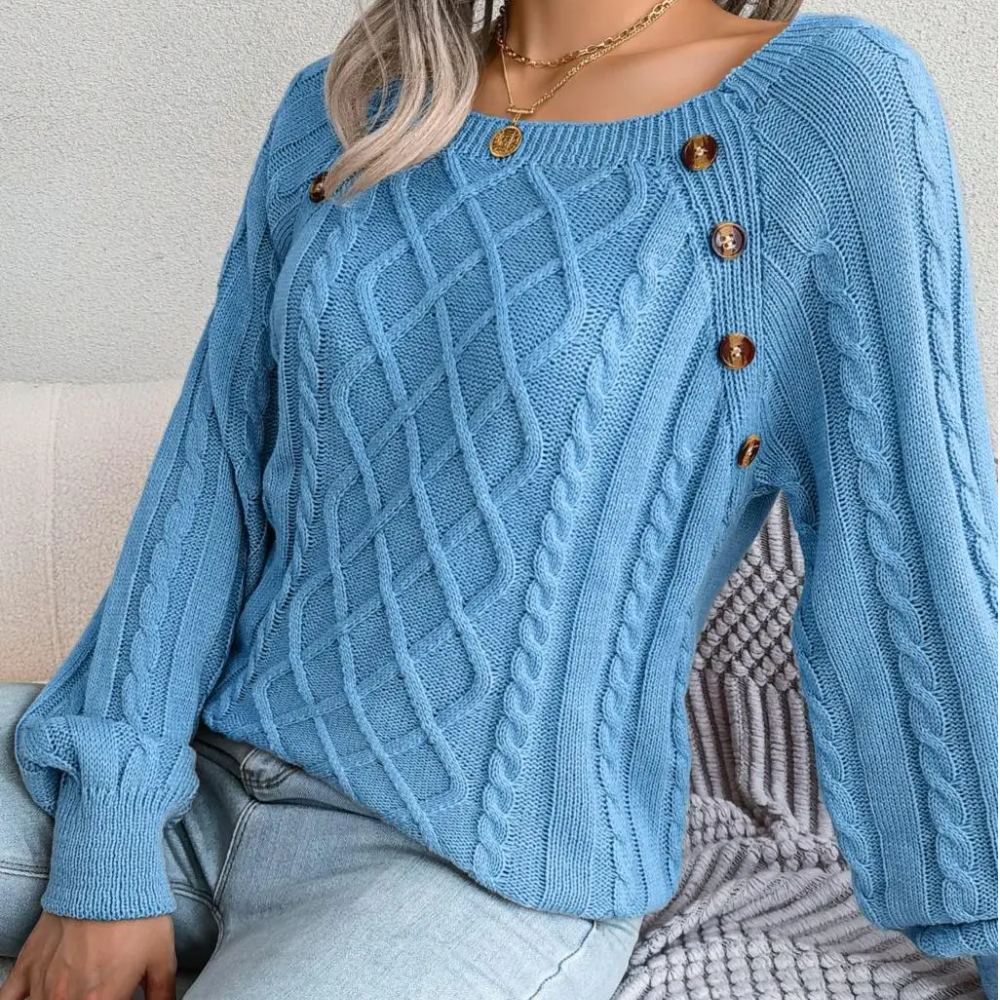 Moda Kabeltrui Dames - Knopen Detail, Losse Pasvorm, Lange Mouwen