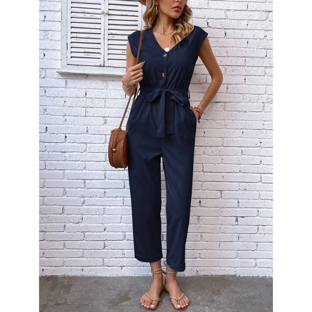 MODA blauwe v-hals knoopsluiting zachte broek jumpsuit