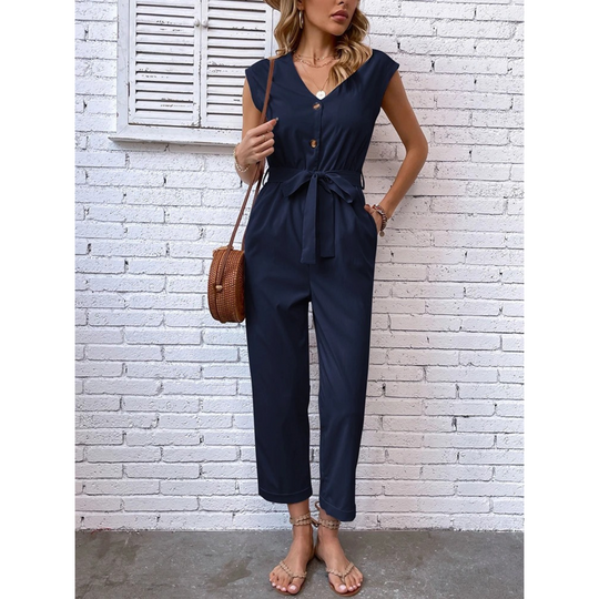MODA blauwe v-hals knoopsluiting zachte broek jumpsuit