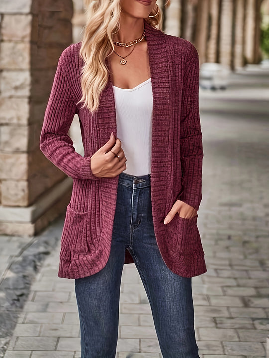 Solvena - Dames Gebreide Cardigan - Open Voorzijde Lange Mouw Geribbelde Trui met Zakken