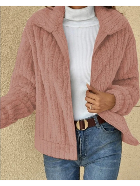 Tavorel - Korte Teddy Jas Dames met Ritssluiting en Geribbelde Textuur