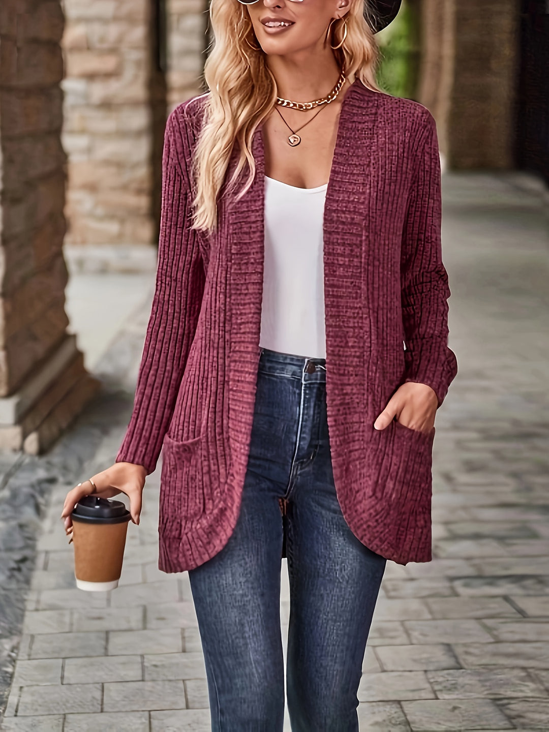 Solvena - Dames Gebreide Cardigan - Open Voorzijde Lange Mouw Geribbelde Trui met Zakken