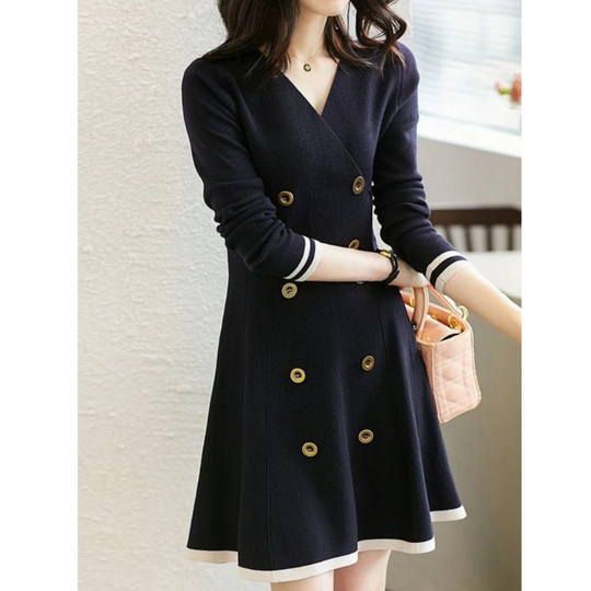 Fijndraa - Elegante Gebreide Jurk in Wikkelstijl met Knoopdetails, Lange Mouwen, Gebreide Dames Jurks