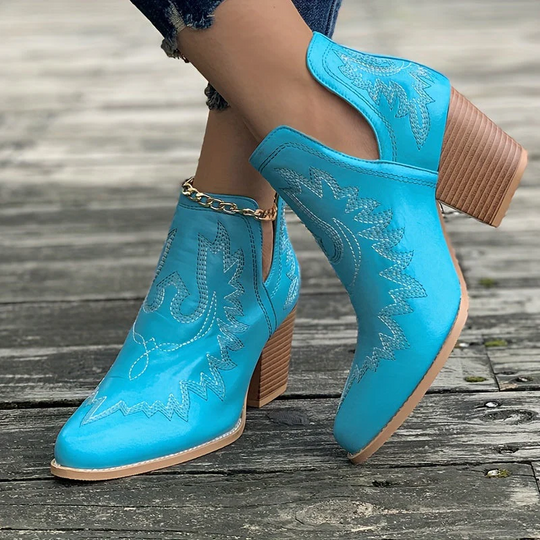 Elenza - Dames Western Leren Enkellaarzen met Borduurwerk, Instapper, Dikke Hak