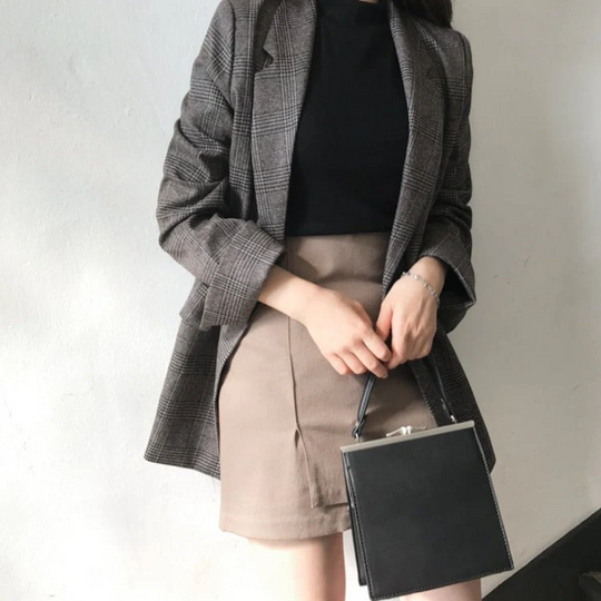 Velorna - Dames Geruite Oversized Blazer, Lange Mouw, Reverskraag
