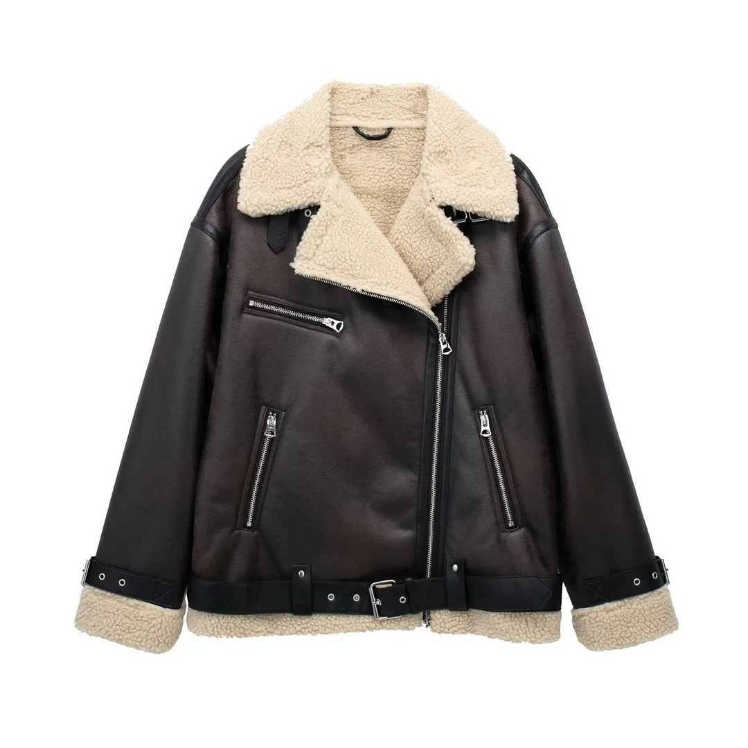 Jasvinta - Leren Jas Dames Aviator Model met Bontafwerking en Taille Riem