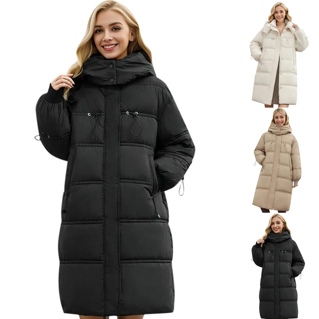 Moda Puffer Jas Dames - Lange Gewatteerde Winterjas met Verstelbare Capuchon
