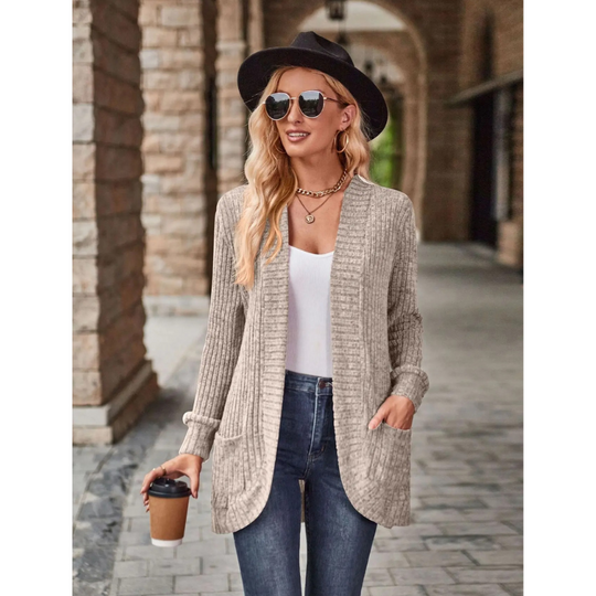 Moda Lange Vesten Dames - Geribd Gebreid Vest met Zakken