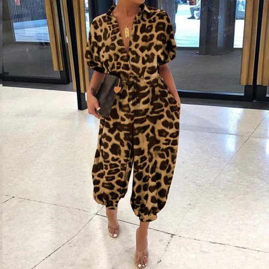 MODA jumpsuit met lange broek met luipaardprint en keerkraag