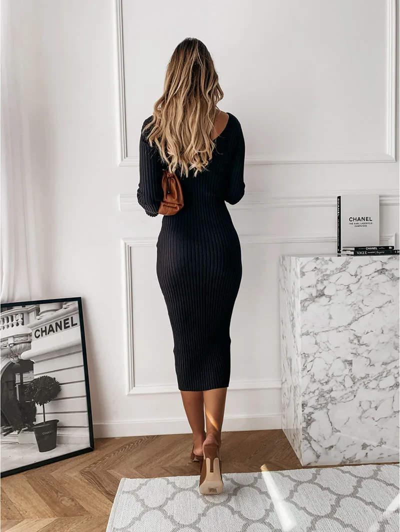 Comforty - Gebreide Midi Jurk met V-Hals en Lange Mouwen, Gebreide Dames Jurks