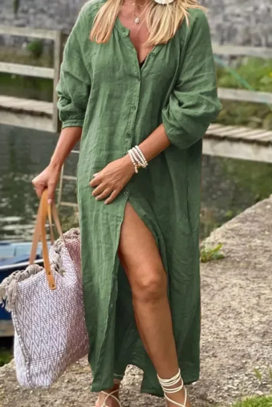 MODA - Linnen Lange Jurk met Knopen voor Dames