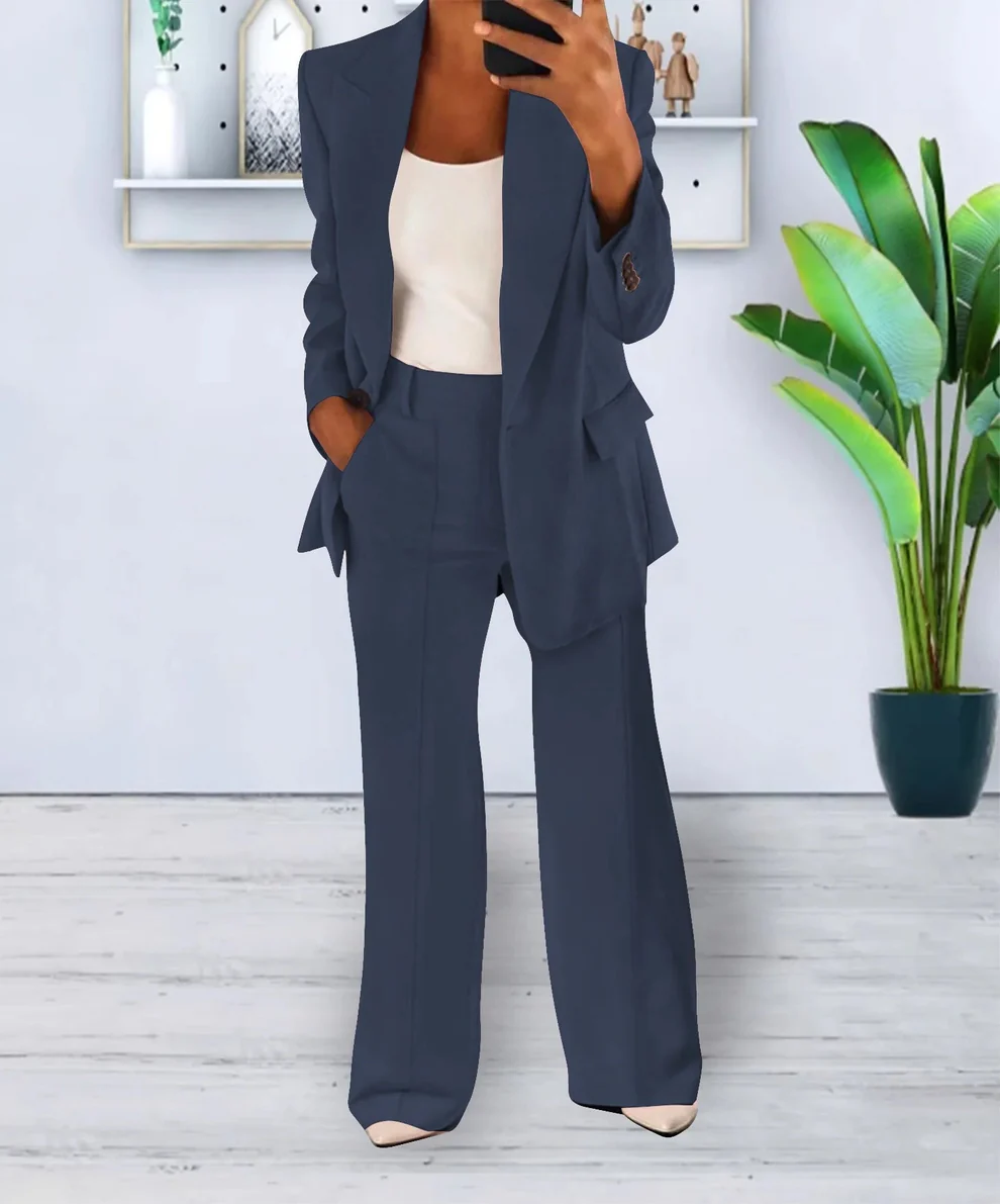 Mavonne - Dames Tweedelige Blazer en Wijde Broek Set, Getailleerde Pasvorm, Formele Kleding