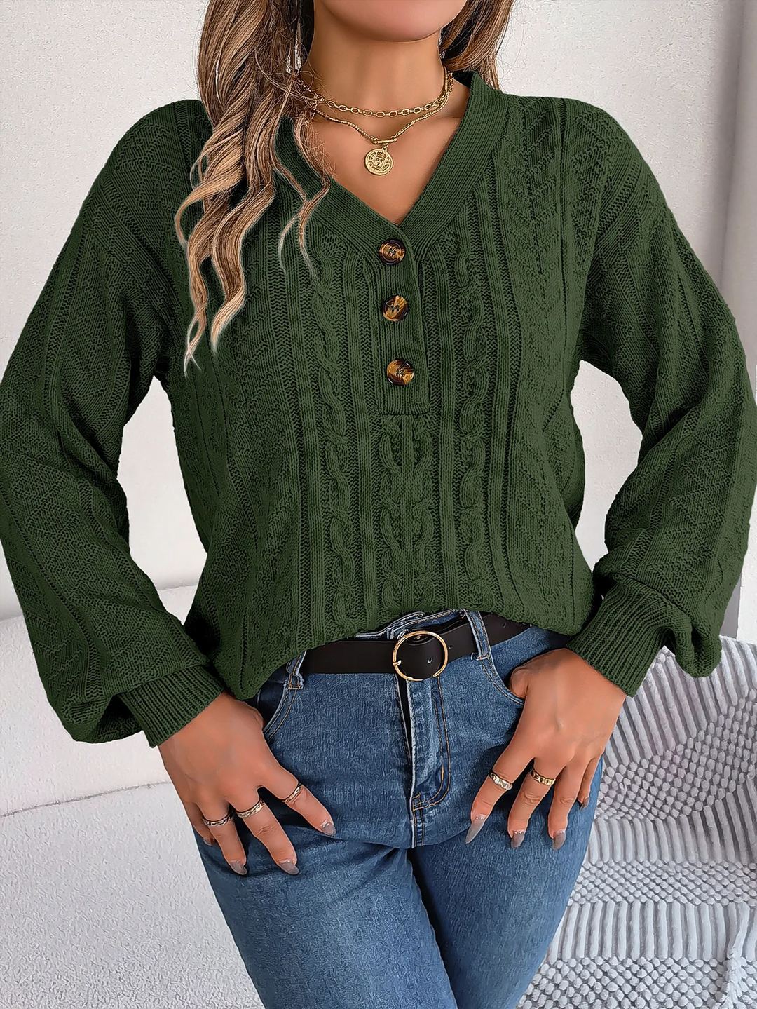 Moda Kabeltrui Dames - V-Hals, Knopen Detail, Lange Mouwen