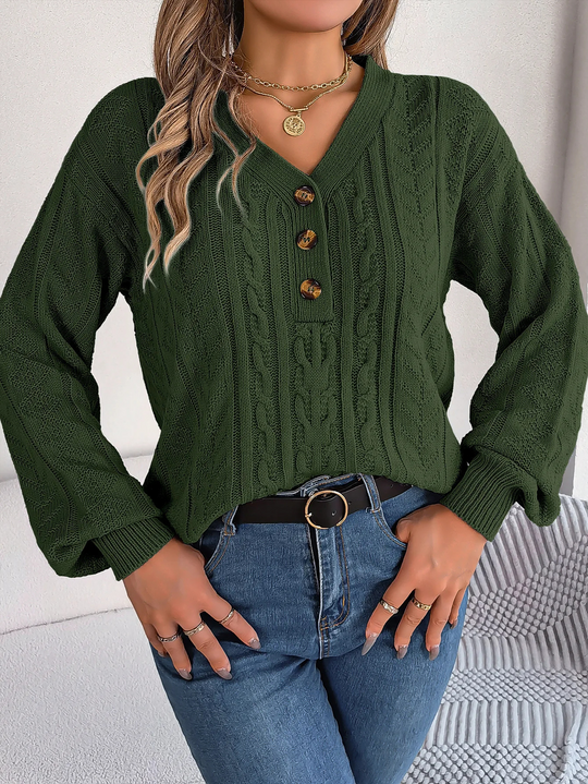 Moda Kabeltrui Dames - V-Hals, Knopen Detail, Lange Mouwen