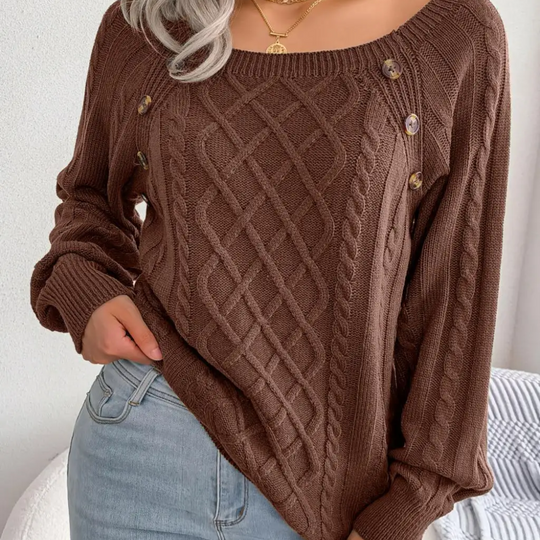Moda Kabeltrui Dames - Knopen Detail, Losse Pasvorm, Lange Mouwen