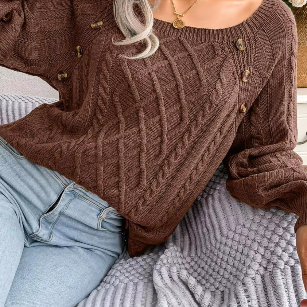 Moda Kabeltrui Dames - Knopen Detail, Losse Pasvorm, Lange Mouwen