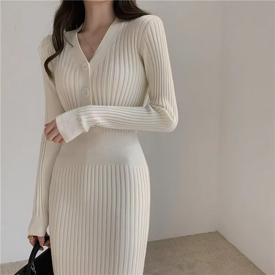 Nostalju - Slim Fit Lange Mouwen Gebreide Jurk met Knopen, Gebreide Dames Jurks