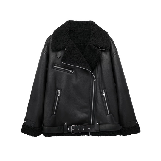 Jasvinta - Leren Jas Dames Aviator Model met Bontafwerking en Taille Riem