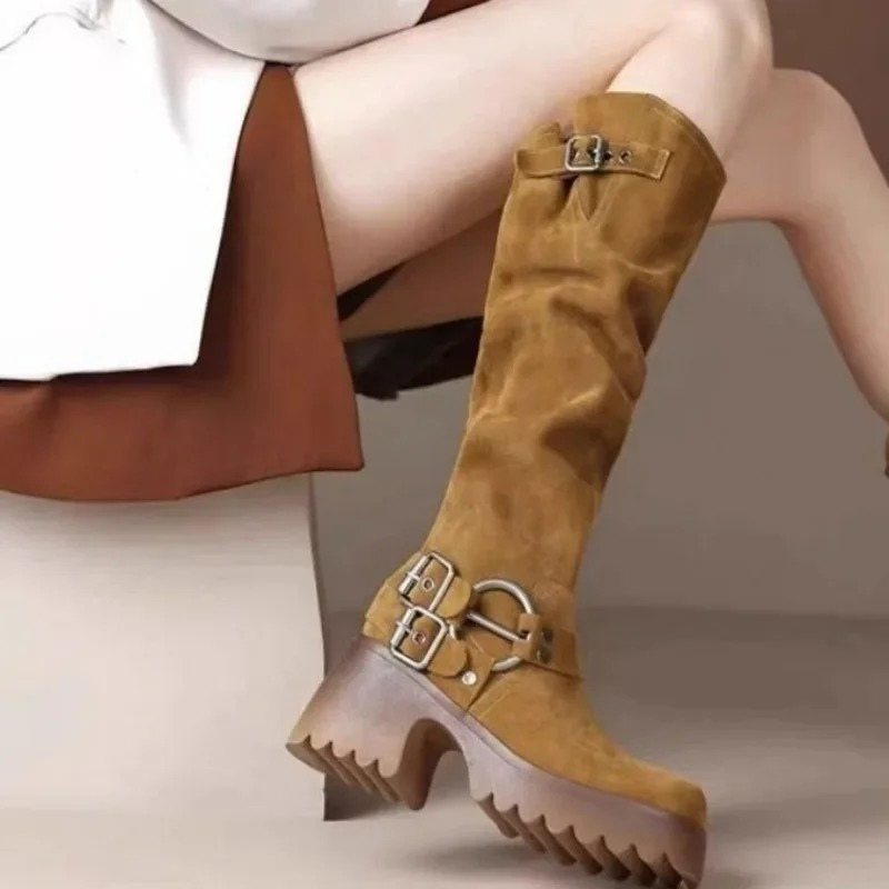 Moda Dames Hoge Hakken Kniehoge Laarzen met Gesp – Modieuze Hoge Laarzen