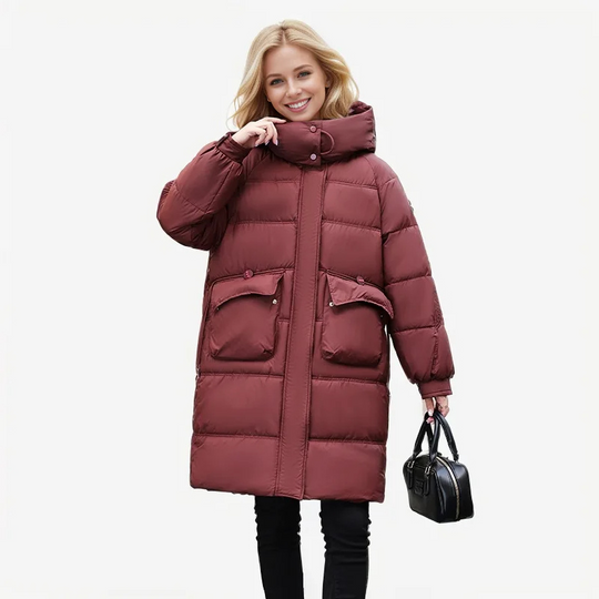 Moda Lange Winterjas Dames - Warme Jas Met Hoge Kraag En Grote Zakken