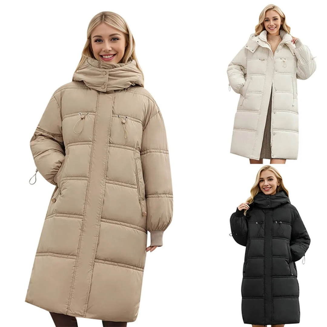 Moda Puffer Jas Dames - Lange Gewatteerde Winterjas met Verstelbare Capuchon