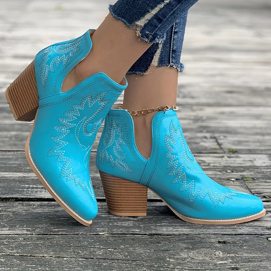 Elenza - Dames Western Leren Enkellaarzen met Borduurwerk, Instapper, Dikke Hak