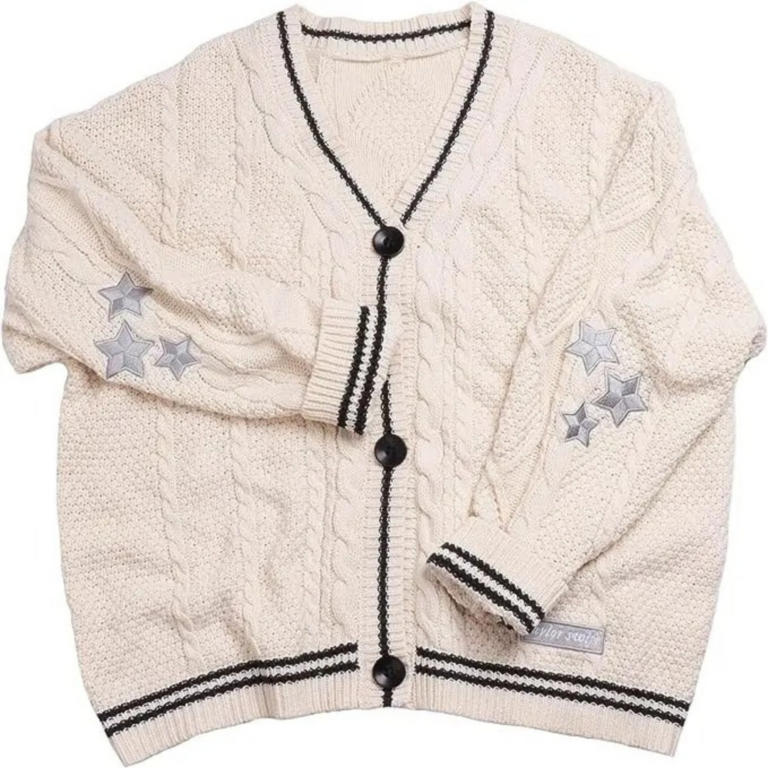 Moda Gebreid Vest Dames met Sterrenborduursel en Knopen