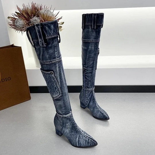 Moda Overknee Spijkerlaarzen met Puntige Neus - Trendy Dames Laarzen