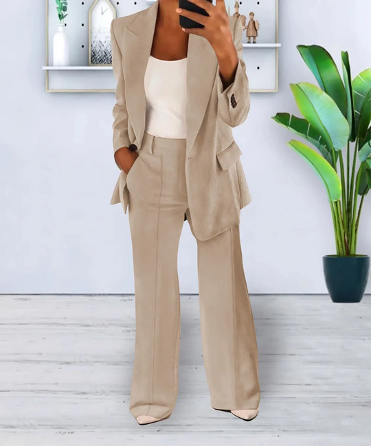 Mavonne - Dames Tweedelige Blazer en Wijde Broek Set, Getailleerde Pasvorm, Formele Kleding