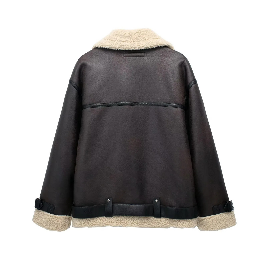 Jasvinta - Leren Jas Dames Aviator Model met Bontafwerking en Taille Riem