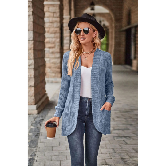 Moda Lange Vesten Dames - Geribd Gebreid Vest met Zakken
