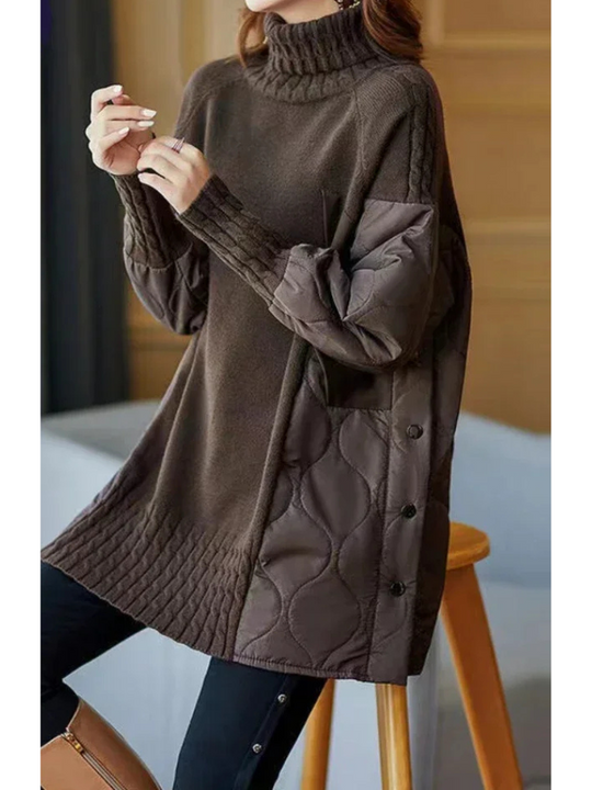 Sierwev - Gewatteerde Patchwork Gebreide Jurk met Coltrui, Lange Mouwen, Gebreide Dames Jurks