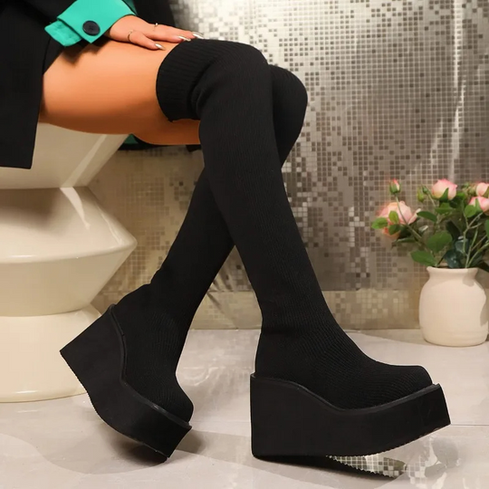 Moda Overknee Laarzen - Stretch Stof, Platform Zolen, Trendy Design