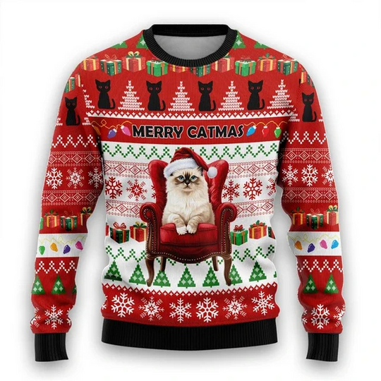 Luxeher - Kersttrui - "Merry Catmas" Grappig Feestelijk Kattenontwerp