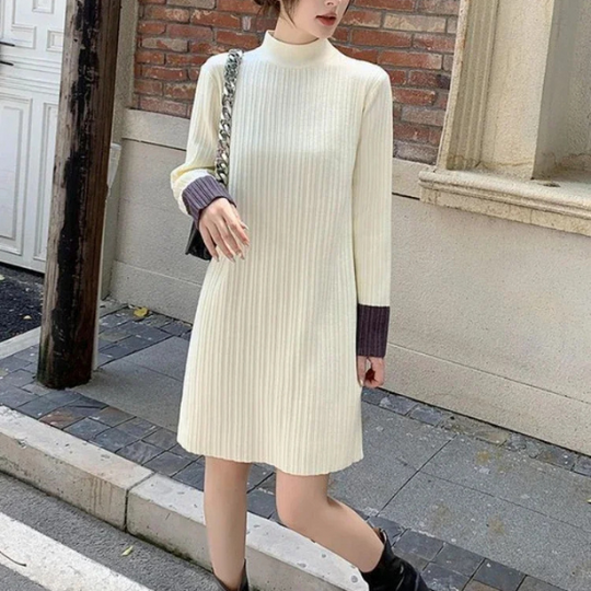 Luxzijd - Casual Gebreide Jurk met Hoge Hals en Twee-Tonige Mouwdetails, Gebreide Dames Jurks